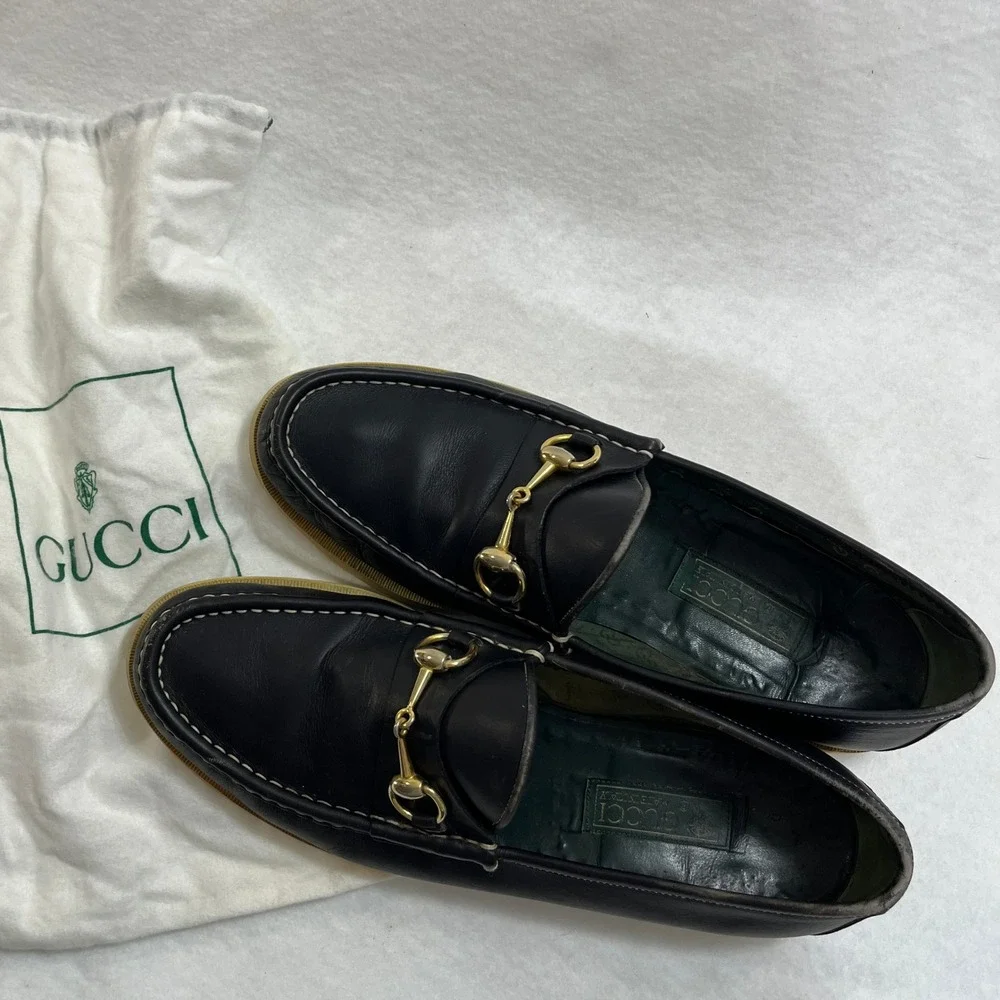 Gucci Horsebit Loafers Mens EU43 Black Leather Made Italy Rubber Sole Vintage